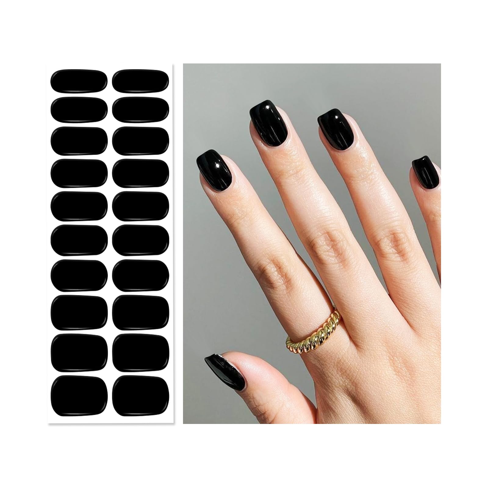 Semi Cured Gel Nail Strips | 20 Gel Nail Stickers | for Uv/Led Manicure Lamps | Salon Quality, Easy Application and Removal(Black Solid Color)