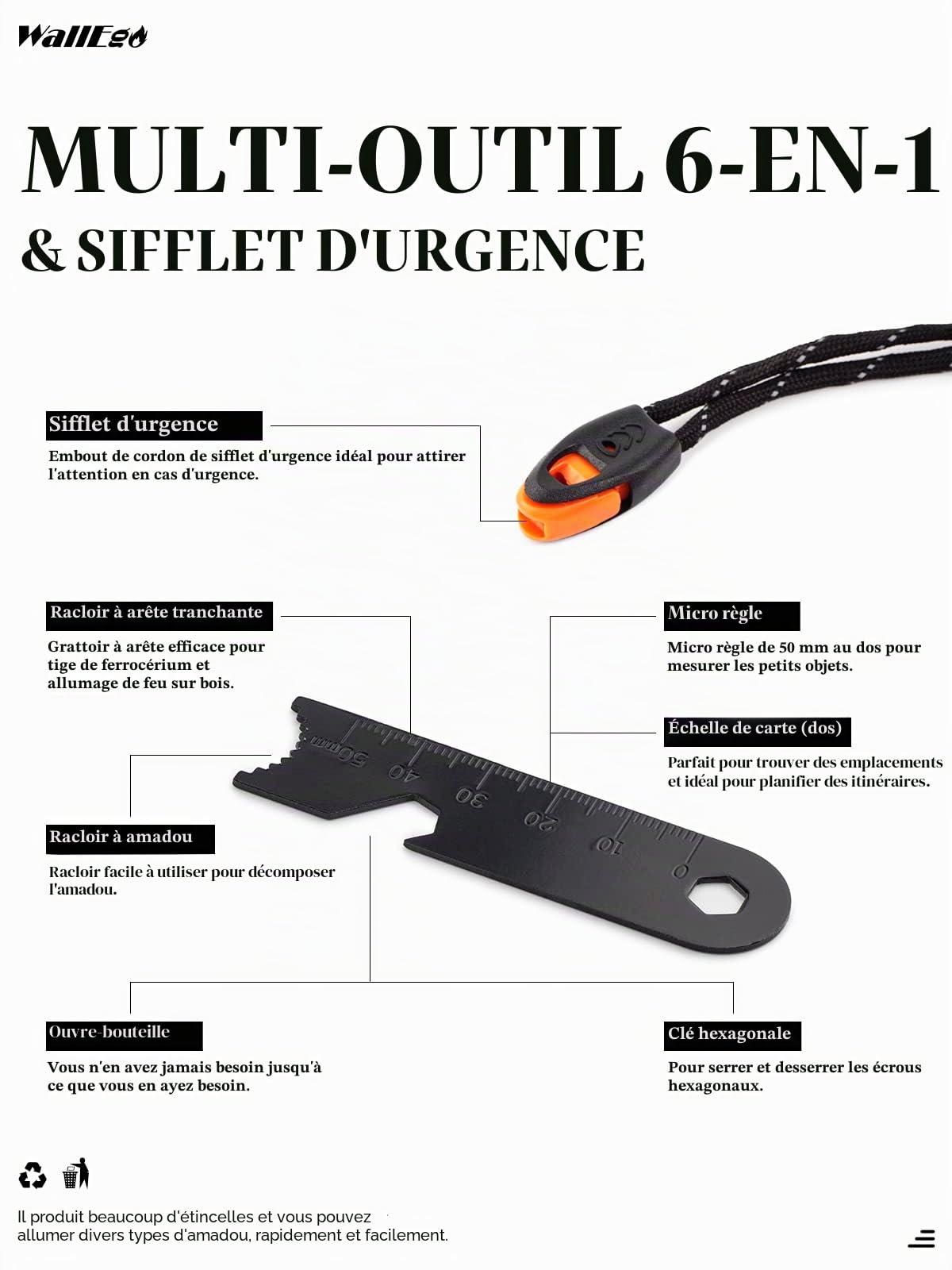 Allume Feu Survie, Pierre a Feu Grattoir Multi-Outils Cordon Paracorde et Sifflet d'urgence, pour Les Voyages, Le Camping, la Randonnée