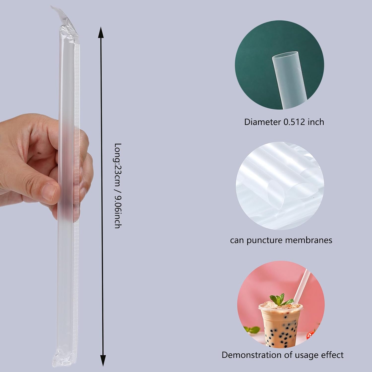 100 PCS Clear Straws Jumbo Smoothie Straws, Boba Straws, Disposable Plastic Milkshake Straws, Wide-Mouth, Individually Wrapped, Sharp Pointed Tip (0.51" Wide X 9.06" Long)