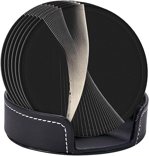 Miniatura 6 de Drink Coasters Set of 6, Abstract Curves Printed PU Leather Round Coaster with Holder for Outdoor, Office, Bar, Funny Heat-Resistant Home Desk Decor