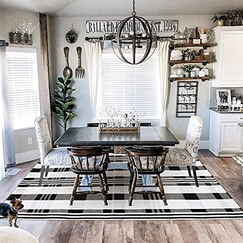 Black Off White Buffalo Plaid Area Rug 4' X 6' Cotton Woven Checkered Rugs Reversible Foldable Washable Indoor Outdoor Rug Doormat Collection Carpet For Farmhouse Room Porch Bedroom Door Stripe Rug #TOP3