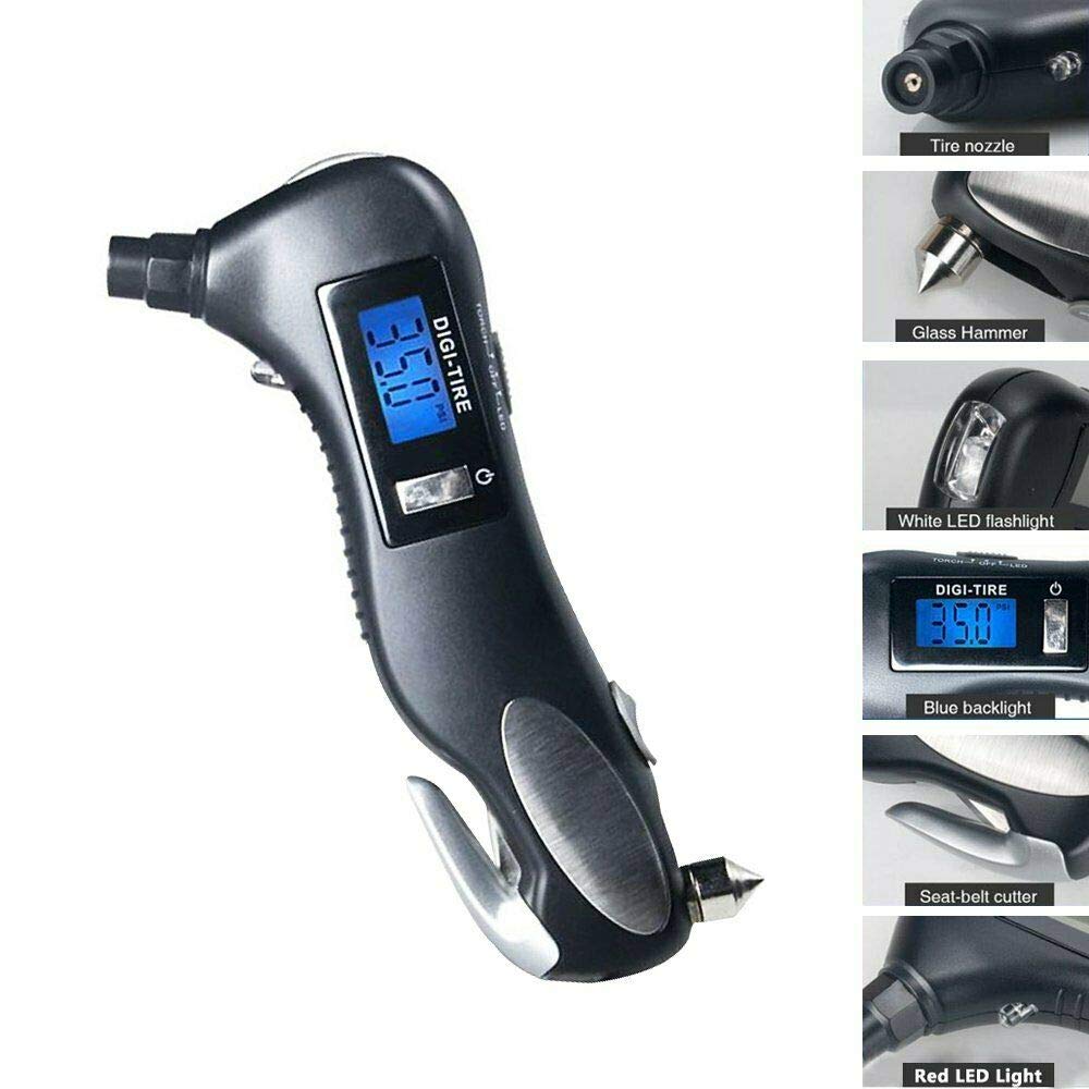 5 in 1 Digital Tyre Tire Pressure Gauge & Escape Hammer, Belt Cutter & Light AU 5 in 1 Tire Pressure Digital Gauge 150 PSI with Rescue Tools of LED Flashlight Digital Tire Pressure