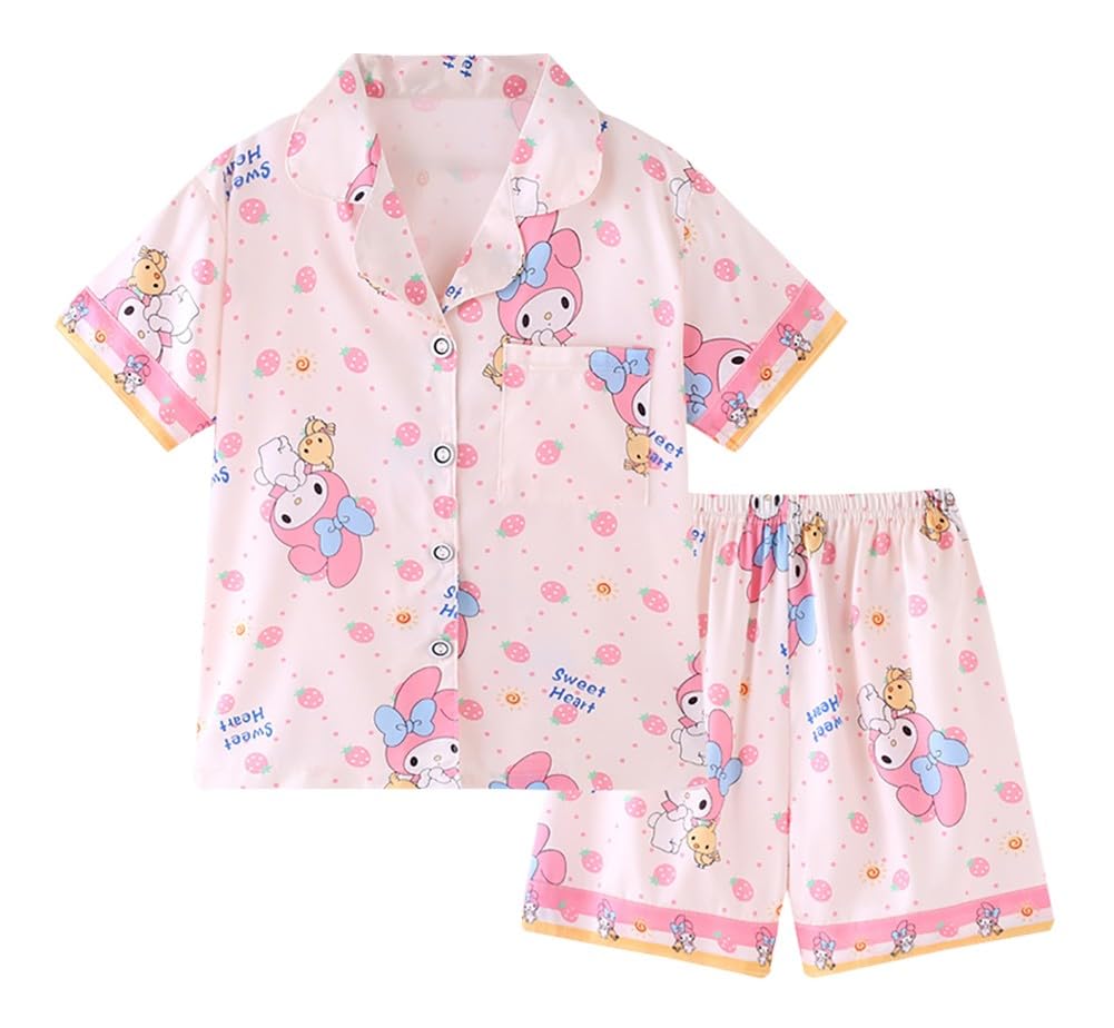 Satdflie Cartoon Pajamas Set Petite Women Girls Short Sleeve Sleepwear Nightwear Button Down Shirt and Shorts 2 Piece Pjs Set