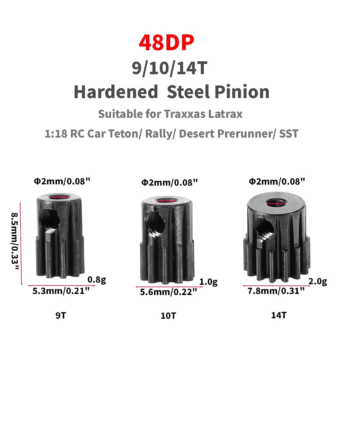 48DP Hardened Steel Pinion Gear 9T/10T/14T 2.0mm Shaft Bore, Metal Motor Gear Set for 1/18 RC Car Traxxas LaTrax Teton/Rally/Desert Prerunner/SST,Upgrade Part 7592/7645/7644