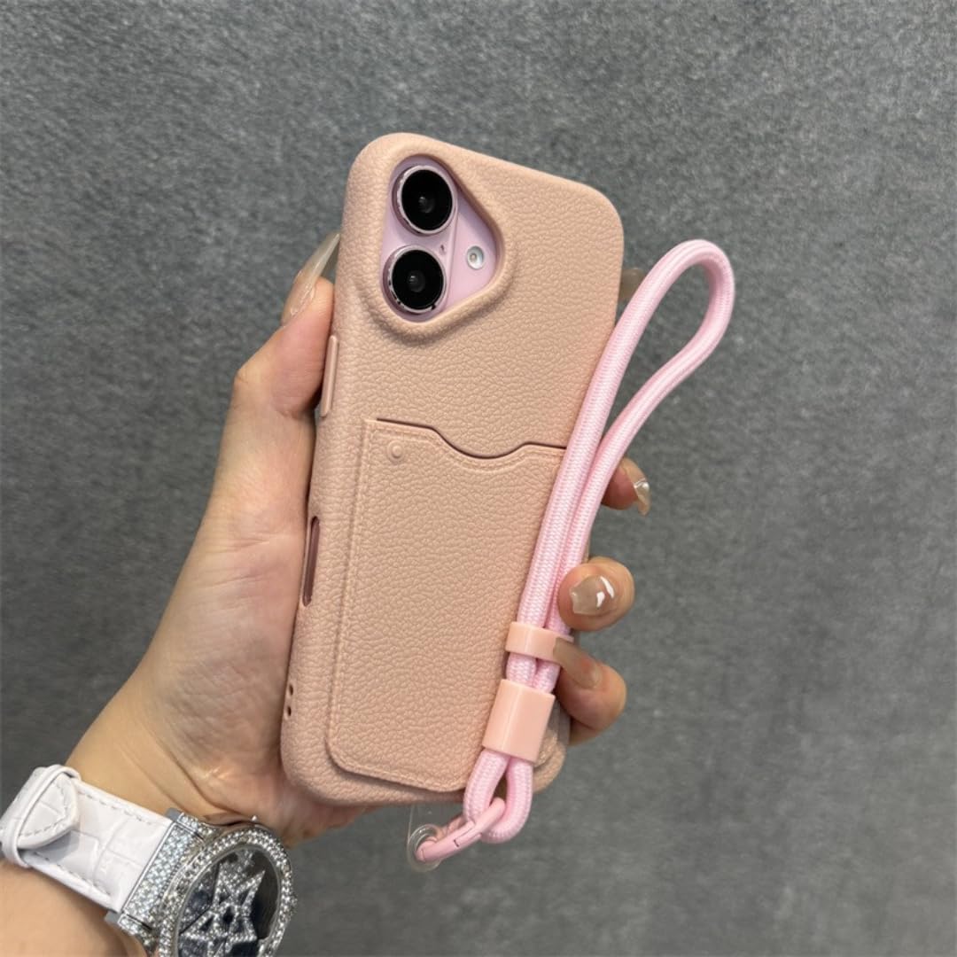 Étui en cuir rose avec cordon pour iPhone 13 Pro Max
