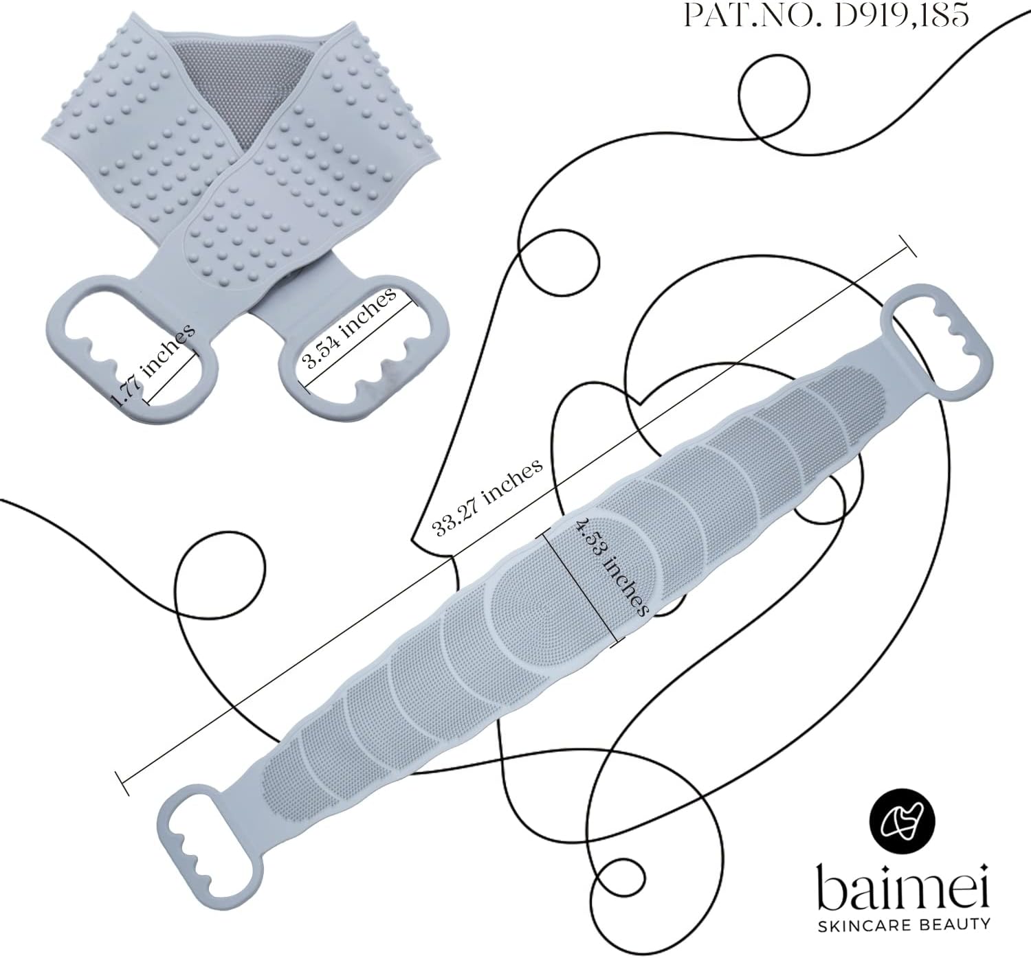 BAIMEI Silicone Back Scrubber for Shower, Handle Body Washer, Exfoliating Texture Scrubbing Pad - Grey