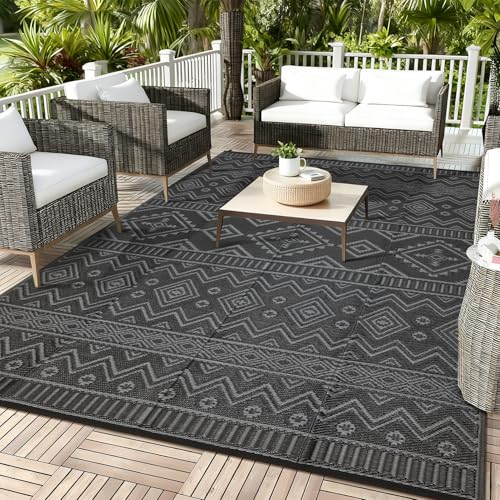 MilleLoom Boho 9x18 Waterproof Outdoor Rug Reversible Plastic Straw Mat Tribal Geometric Washable RV Camping Carpet Foldable UV Resistant Deck Rug for Picnic Backyard Balcony Porch Patio Gray