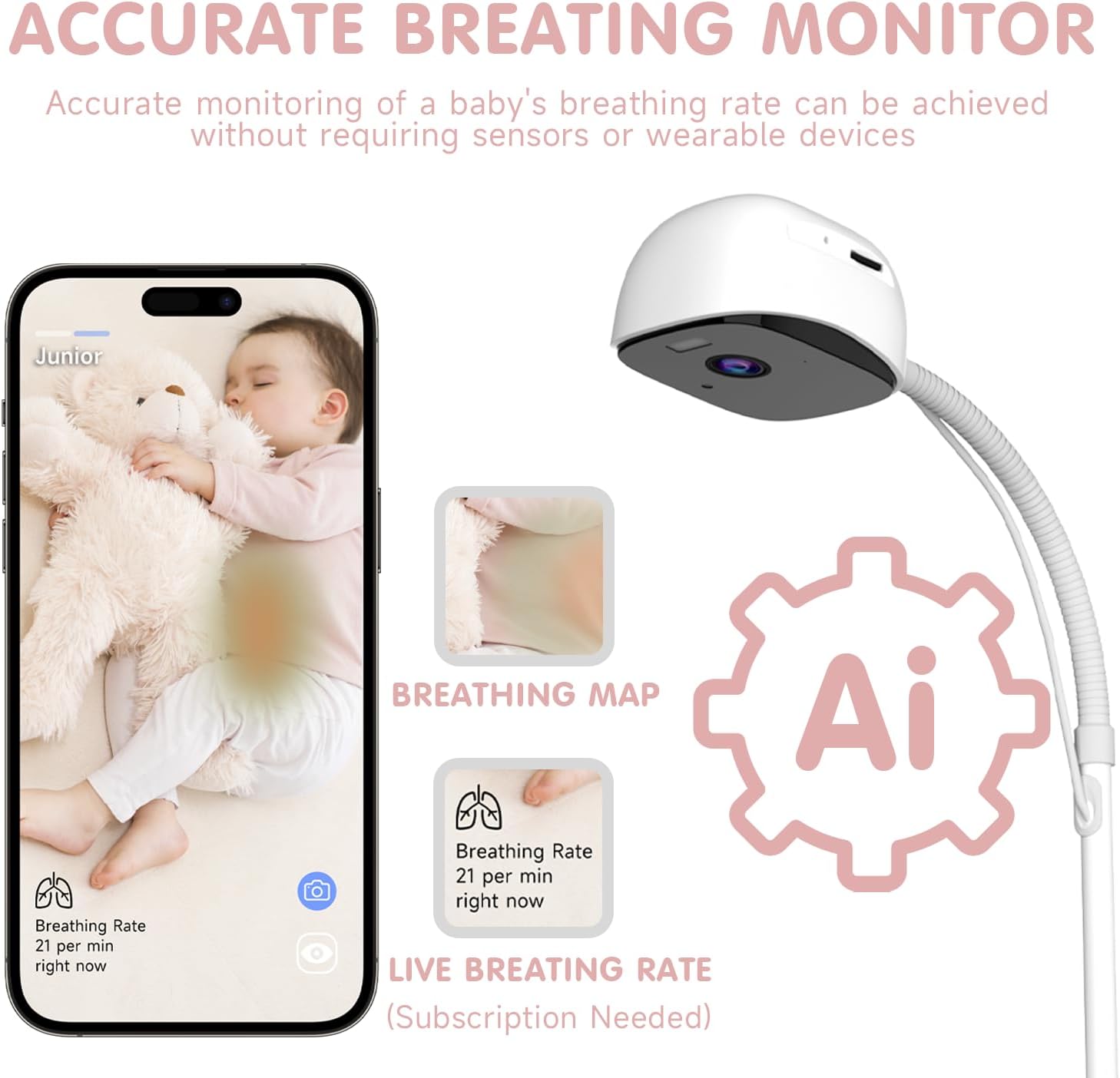 Smart Baby Monitor with Floor Stand, 2K Crib Camera with AI Breathing Monitor, No Wearables WiFi Baby Camera, Night Vision, Baby Sleep Tracker, Cry & Motion Alerts, Diaper & Feeding Record