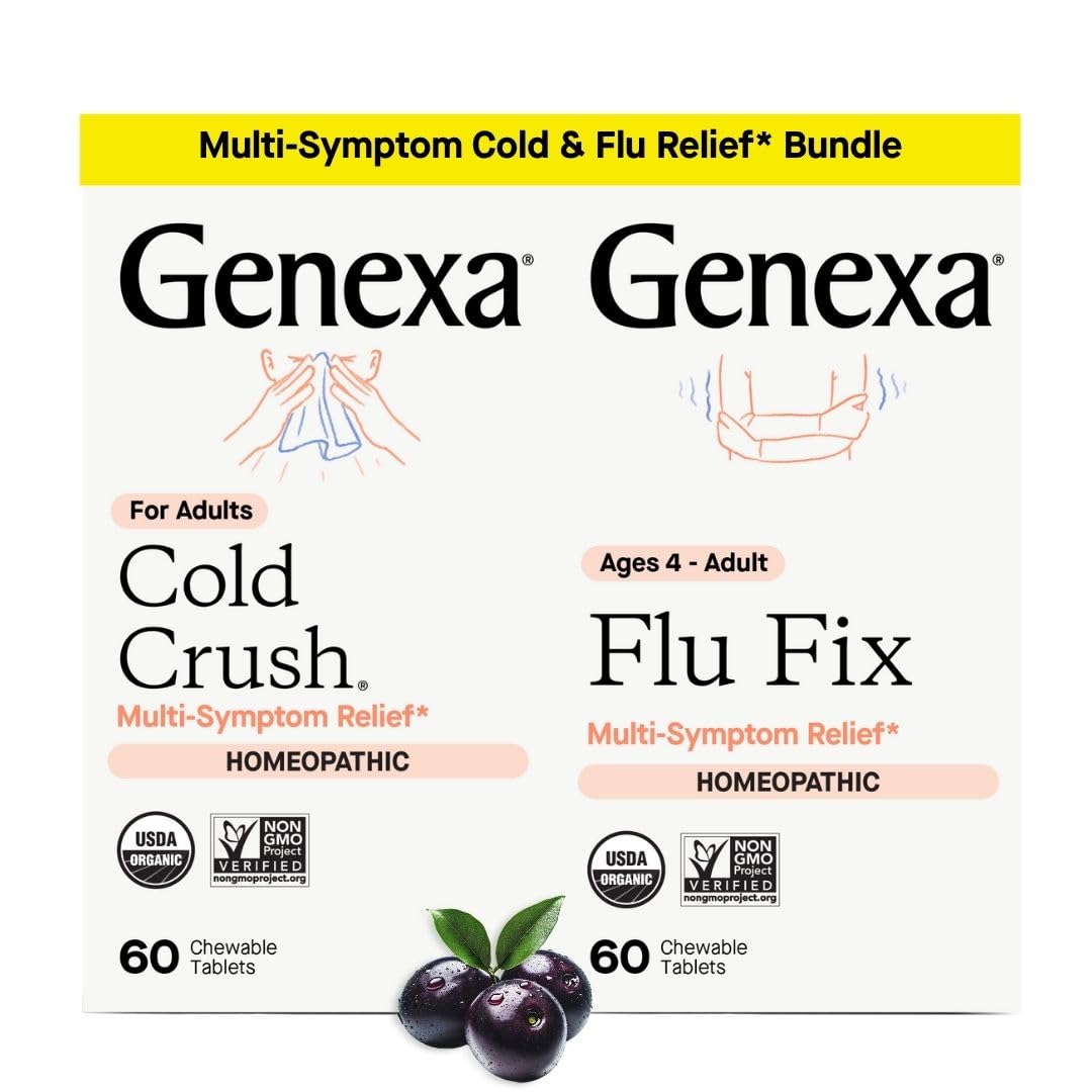 Genexa Cold Crush & Flu Fix Bundle | Multi-Symptom Cold & Flu Relief for Families | Certified Organic & Non-GMO | Homeopathic Remedy Made Clean | Organic Acai Berry Flavor - 60 Chewable Tablets | Age