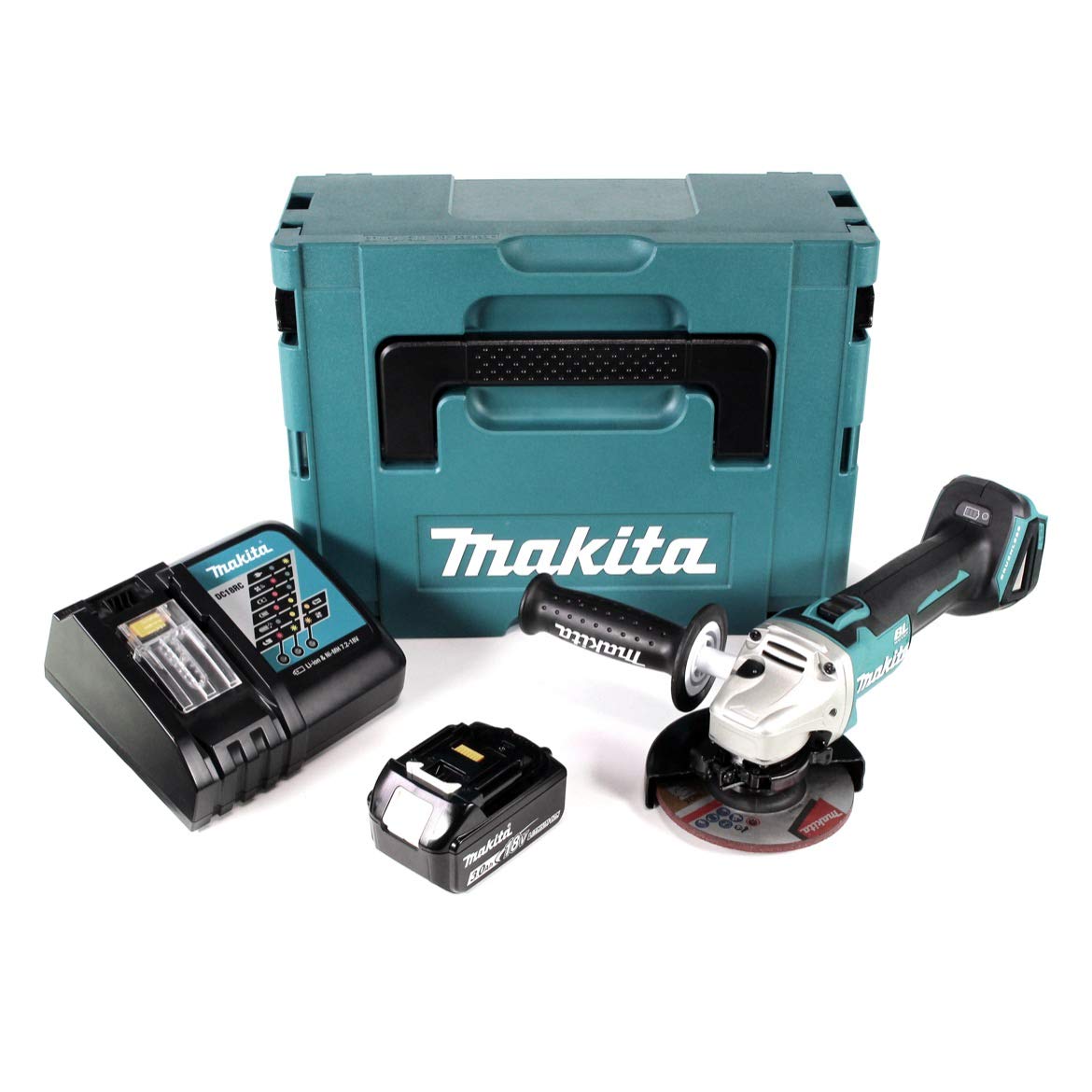 Makita DGA 504 RF1J akumulatorowa szlifierka kątowa 18 V 125 mm w MAKPAC w zestawie 1 x akumulator BL 1830 + ładowarka DC18RC