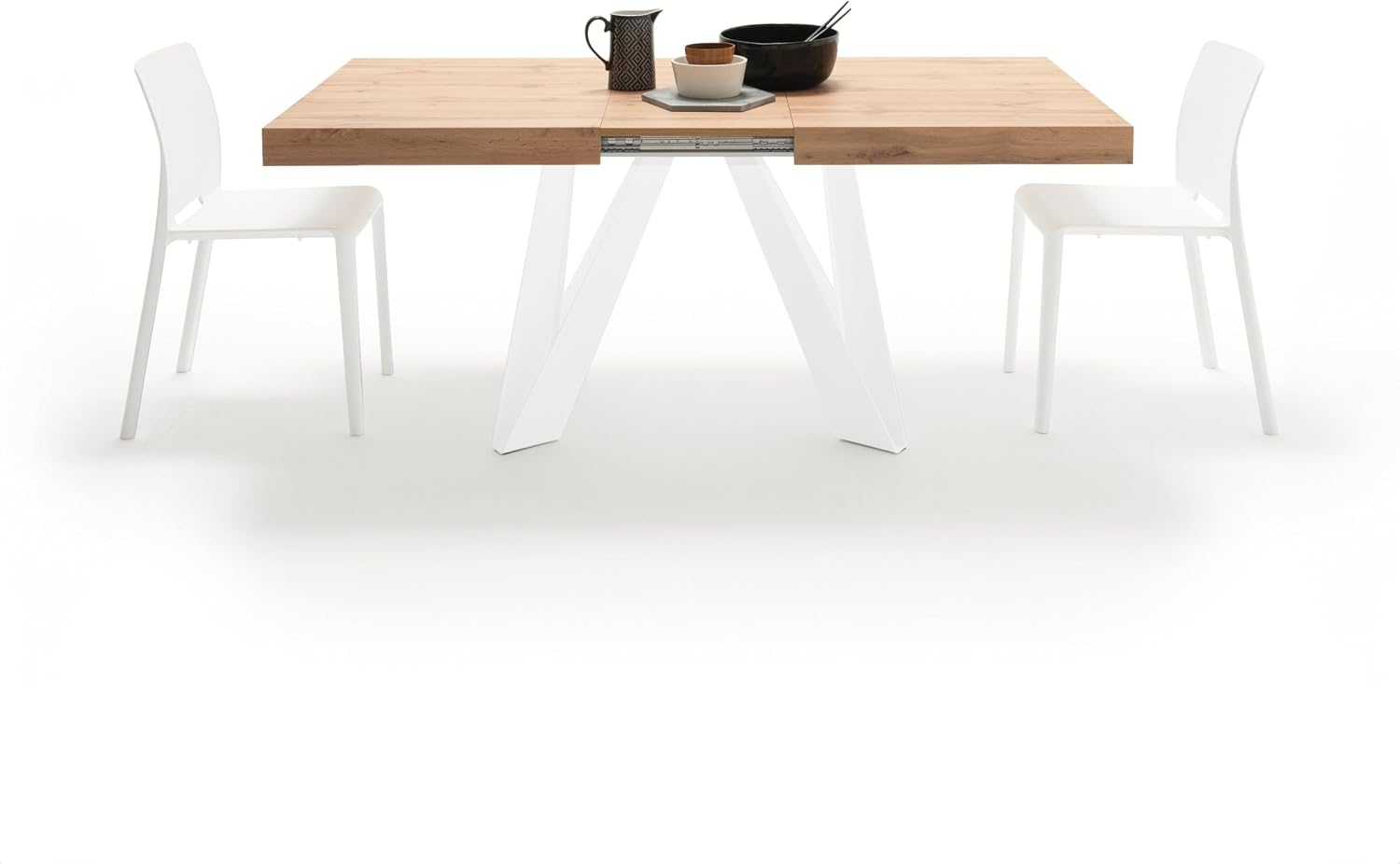 Mobili Fiver, Romina Extendable Table 55.1(86.6) x35.4 in, Rustic Oak with White Iron Legs, for 6-10 People, Expandable Dining Table for Kitchen, Living Room, Italian Furniture