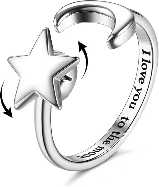 JeweBella 925 Sterling Silver Fidget Anxiety Ring for Women Girls Spinner Fidget Rings for Anxiety Open Adjustable Ring Moon Star Sunflower Opal Ring Promise Wedding Engagement Ring Jewellery Gift