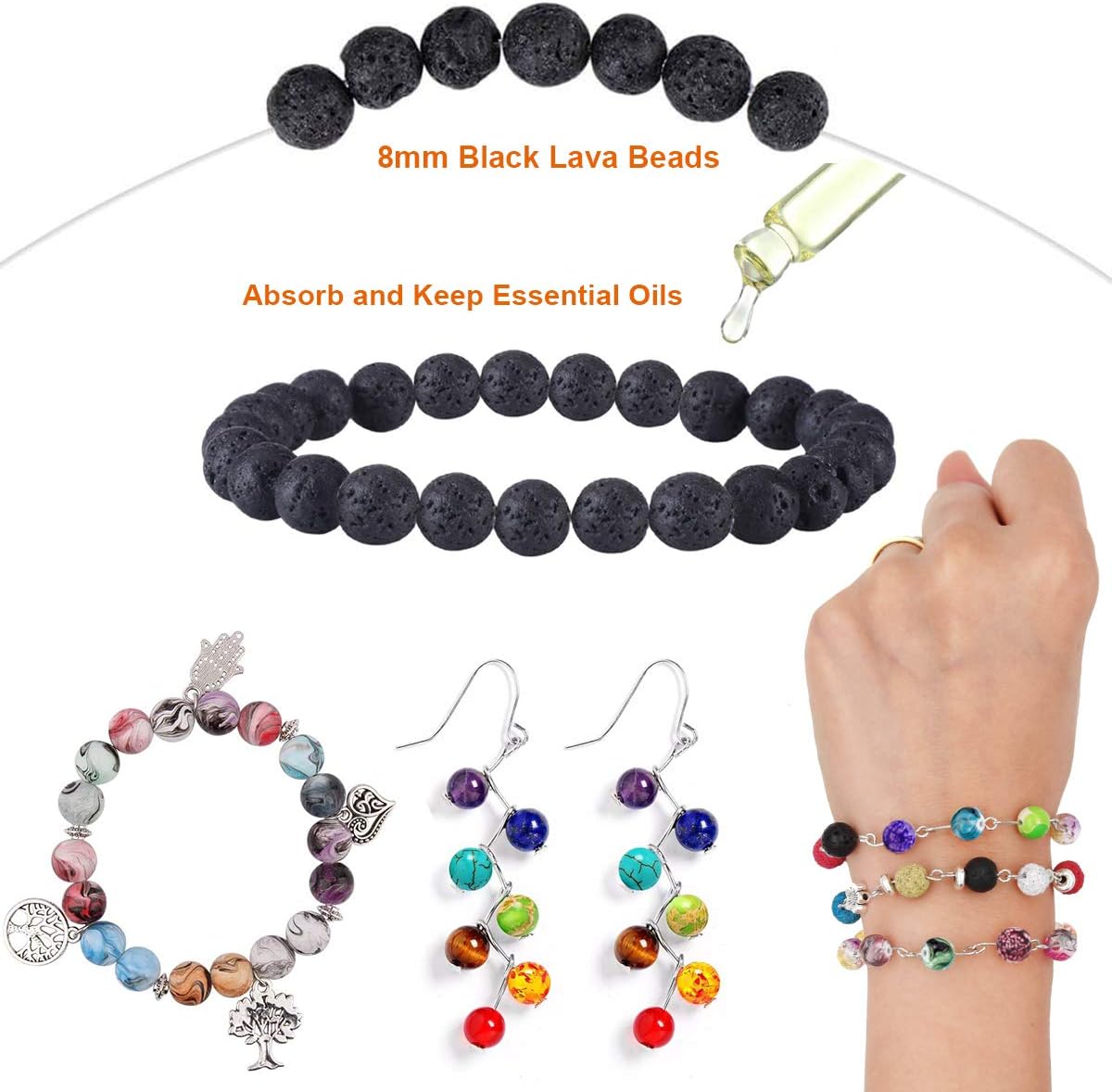 EuTengHao 846Pcs Lava Stone Beads Rock Loose Beads Cloisonne Beads Kit with Ink Patterns Chakra Beads Spacer Pendants Beads for Diffuser Essential Oils Adult DIY Bracelet Jewelry Making Supplies - Image 4