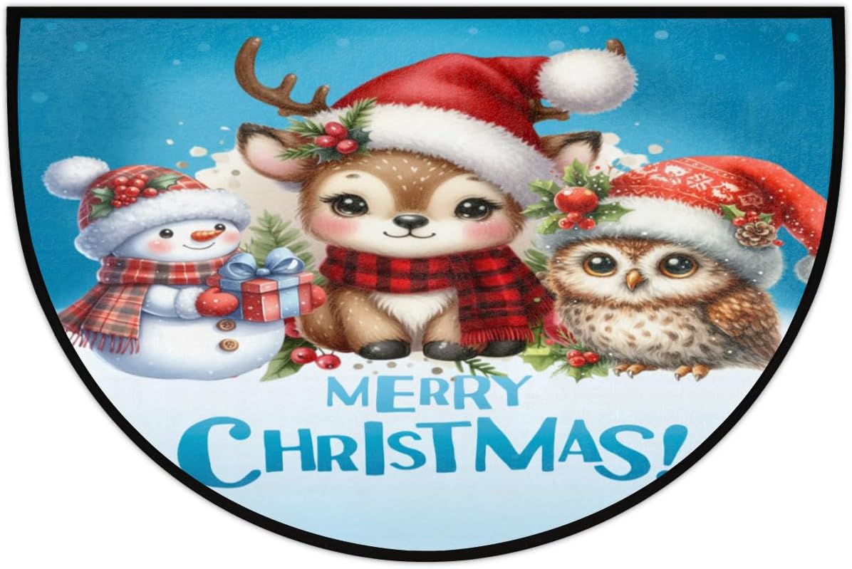 Christmas Non-Slip Soft Half Round Door Mat, Merry Christmas Snowman Deer Owl Semicircle Mat for Indoor Entrance Garage Bath Living Room Patio 24 x 36 in