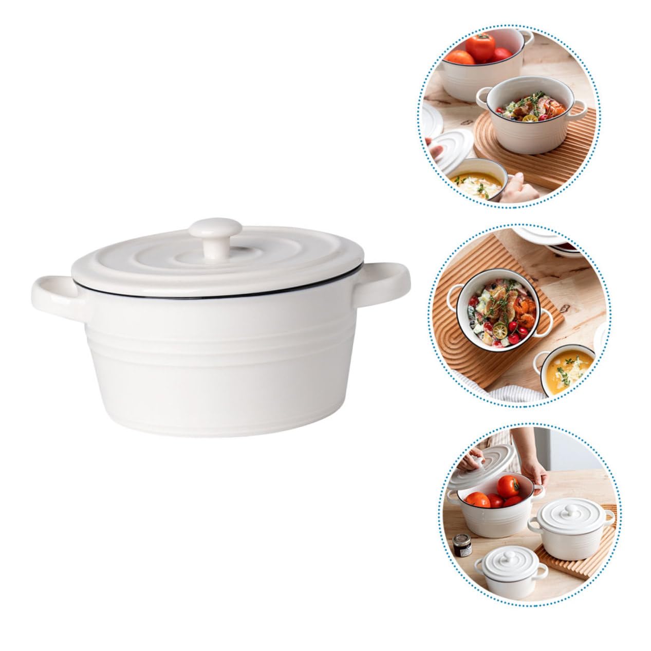 Bol Cerámico Doble Asa con Tapa Cuenco Desayuno para Sopa Arroz Ramen Ensalada y Postre Vajilla Resistente y Segura para Uso Diario