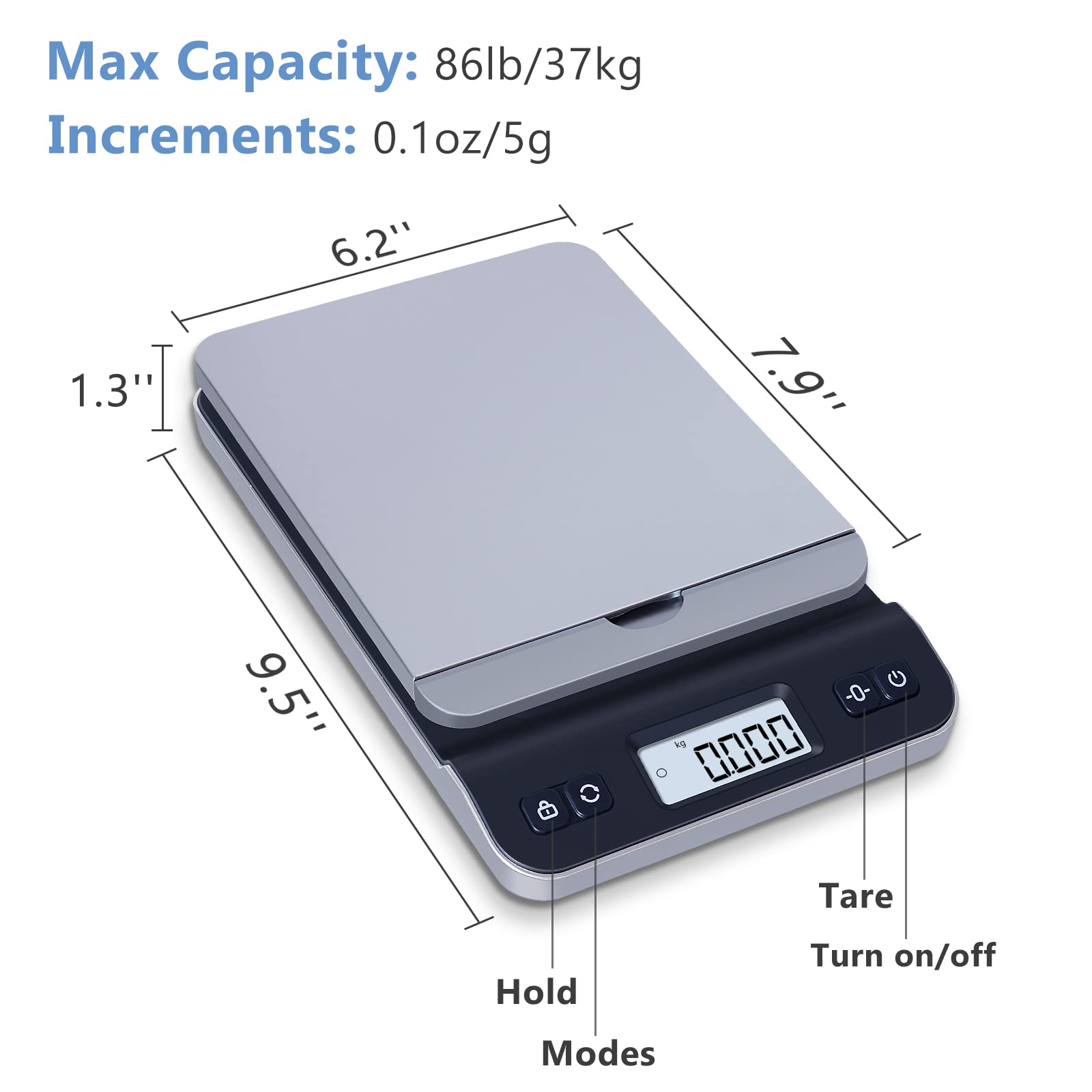 QP Versandwaage, 39 kg/2,8 g, hohe Genauigkeit, digitale Postwaage für Pakete, Halte-/Tara-Funktion, LCD-Display mit Hintergrundbeleuchtung, hochklappbarer Halter, Portowaage, Briefwaage, Batterie und
