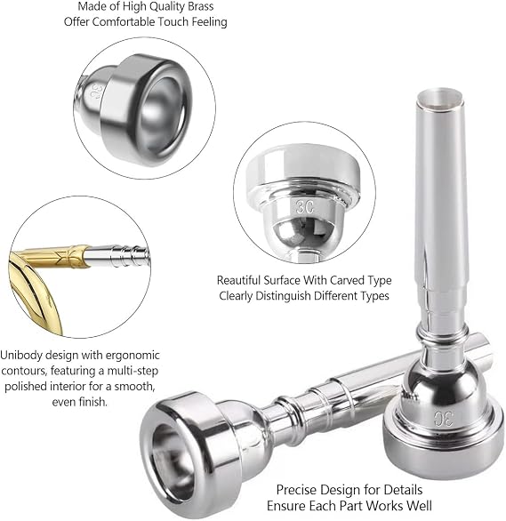 3C Trumpet Mouthpiece with Lightweight Aluminum Practice Trumpet Mute Silencer Fit for Yamaha Bach Conn King Replacement Musical Instruments Accessories, Silver