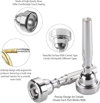 3C Trumpet Mouthpiece with Lightweight Aluminum Practice Trumpet Mute Silencer Fit for Yamaha Bach Conn King Replacement Musical Instruments Accessories, Silver