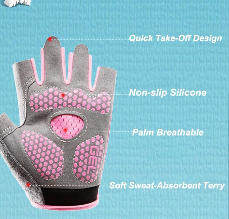 Miniatura 3 de Guantes de ciclismo para niños y niñas de 5 a 9 años de edad, color rosa con medio dedo, antideslizantes, con relleno, antideslizantes, sin dedos