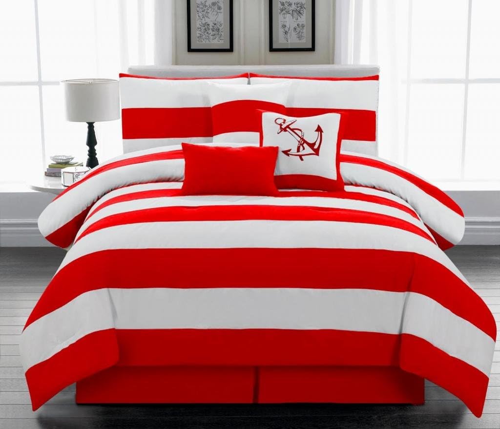 Legacy Decor 7pc. Microfiber Nautical Themed Comforter Set, Red and White Striped King Size