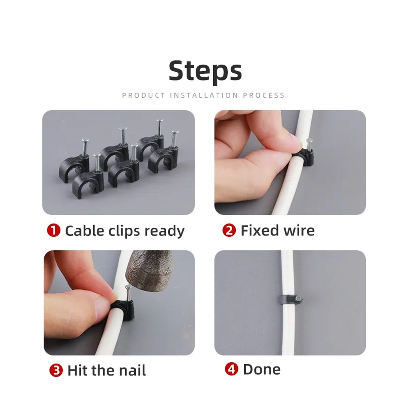 Clips de plástico for cables y alambres con clavos de acero | Negro, 4-14 mm, Gestión de cables de pared: 100 unidades(Round 12MM)
