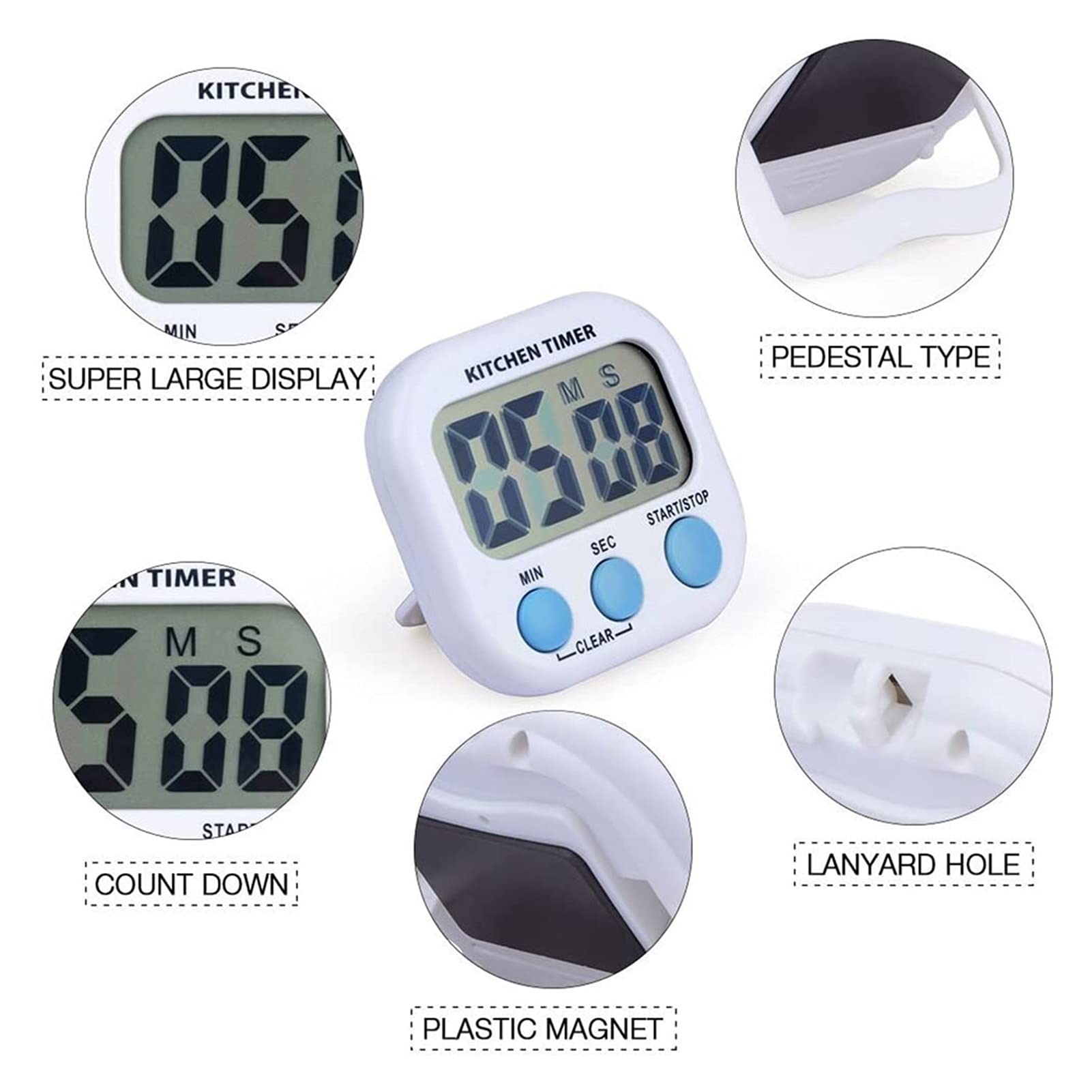 Tomedeks Digitale keukentimer, luid alarm, groot lcd-display, multifunctionele timer, telling en achteruitteller, timer voor bakken, keuken, studie, fysieke training (wit), Goud, A