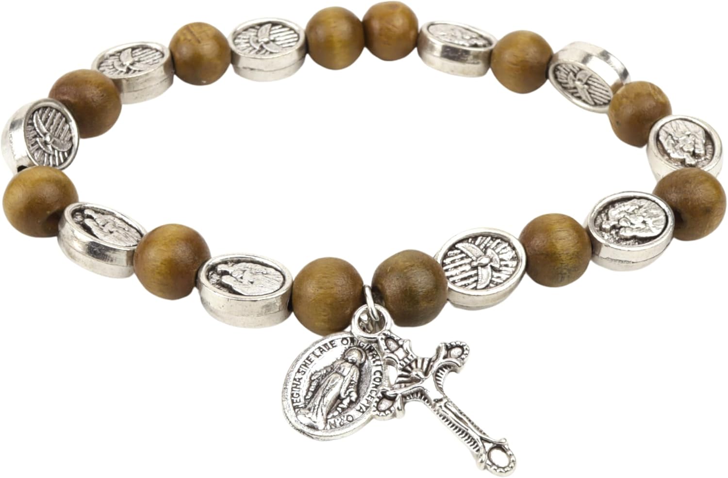 Needzo Brown Holy Family Rosary Stretch Bracelet, Natural Wood Beads with Crucifix Pendant, Catholic Jewelry Gifts, 7.5 Inches