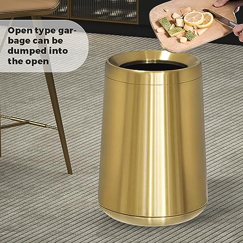 Image of 10L /2.6GAL Brushed Gold Trash Can,Stainless Steel Trash Can,Conical Garbage Can with Top Opening,Gold Garbage Can for Bathroom,Bedroom,Hotel,Kitchen,RV