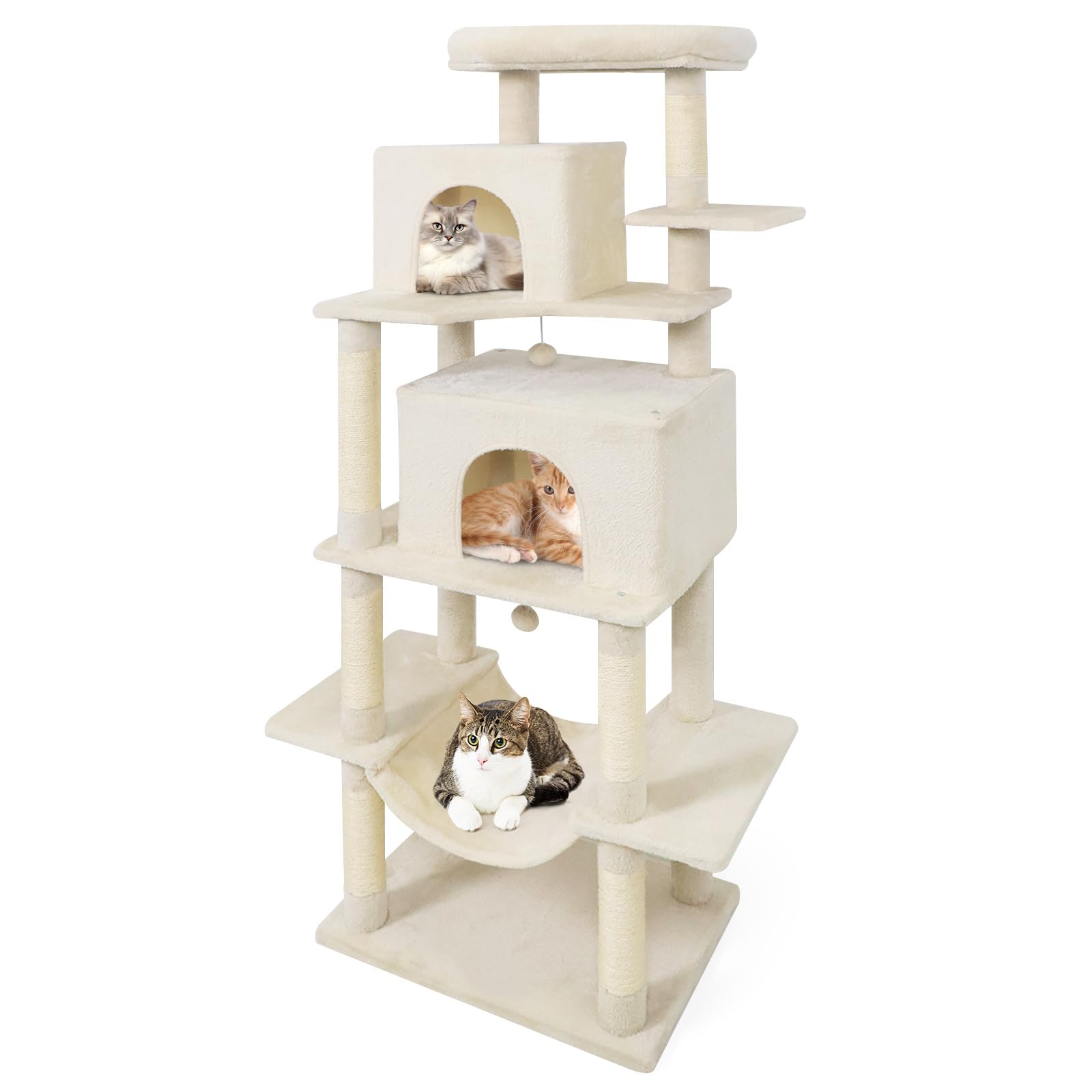 70 Inch Tall Cat Tree, Multi-Level Large Cat Tower with Sisal Scratching Posts, Plush Top Perch, 2 Condos, Hammock, 2 Dangling Balls, Cat Tree Tower for Indoor Cats Large Adults (Beige)