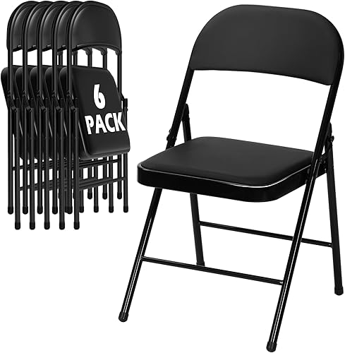 6 Pack Black Folding Chairs with Padded Cushion for Outside, Portable Stackable Commercial Metal Foldable Chairs with Steel Frame for Party Home