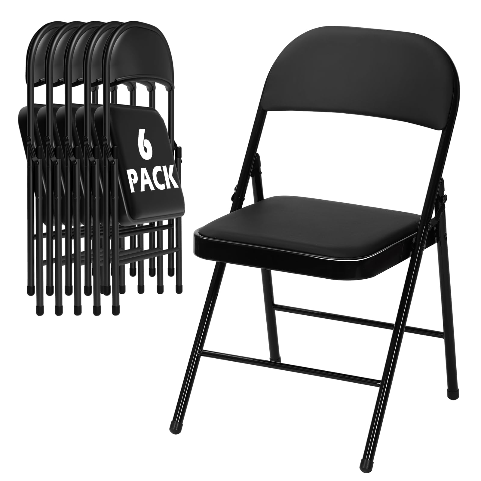 6 pack black folding chairs with padded cushion for outside, portable stackable commercial metal foldable chairs with steel frame for party home events office wedding, 350lbs capacity