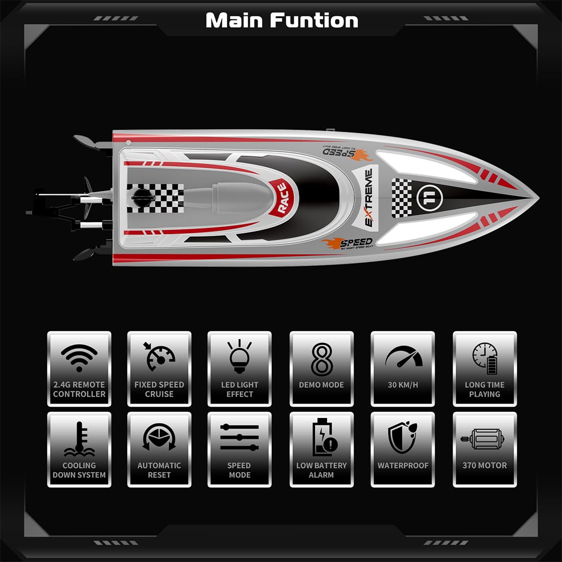 Barca telecomandata, 2,4 G impermeabile RC Speedboat con luci LED, 30 minuti di gioco, 30 km/h, barca da corsa RC per piscine e laghi (versione RTR/grigio)