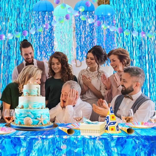 Image of 8 Pcs Under the Sea Party Decorations Ocean Waves Tablecloths Blue Tinsel Foil Fringe Curtain Jellyfish Paper Lanterns Glitter Circle Garland Hanging Banner for Baby Shower Birthday Decor