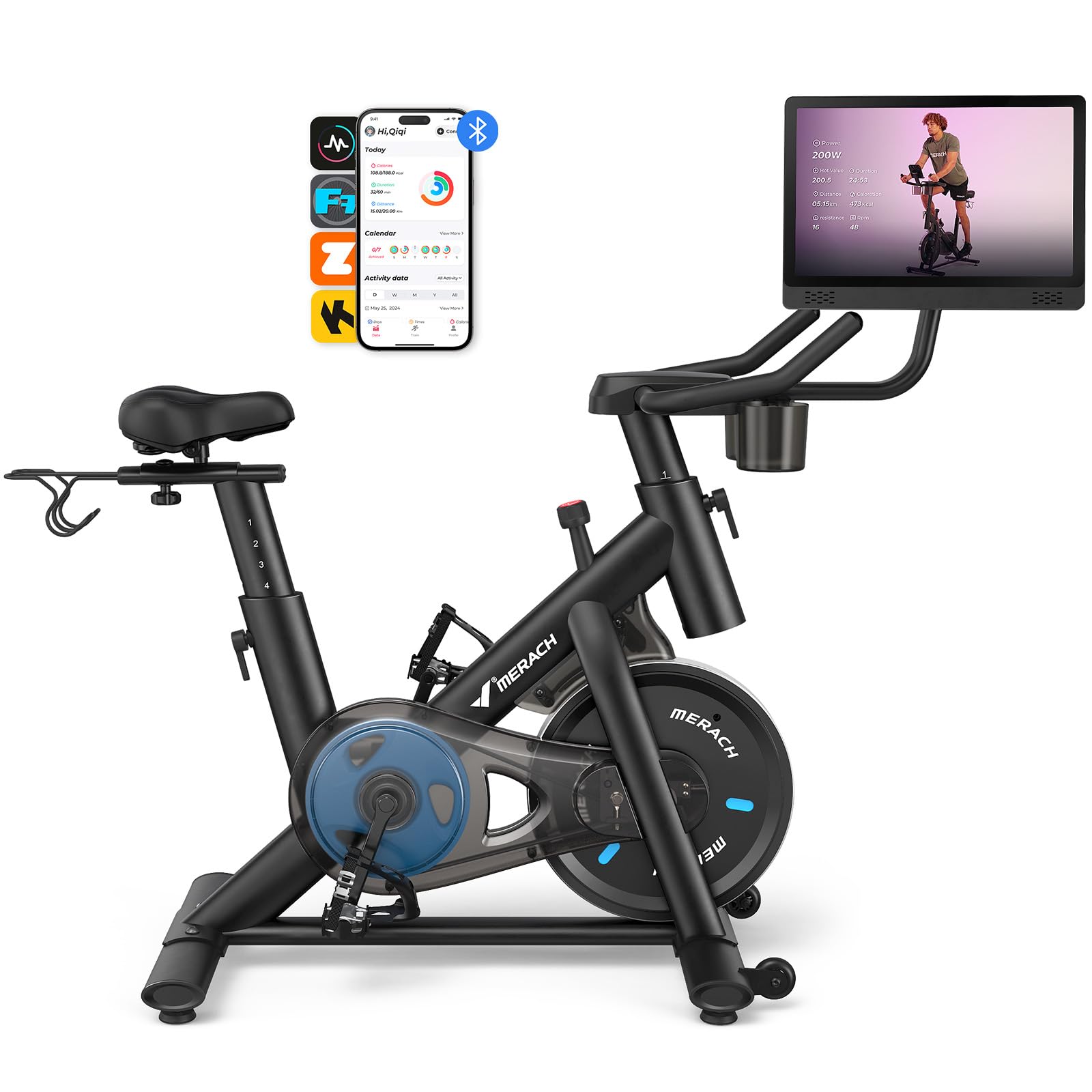 MERACH Exercise Bike, Brake Pad Stationary Bike with Exclusive App, Low Noise Indoor Cycling Bike with 300lbs Weight Capacity, Tablet Mount and Fitness Courses for Weight Loss