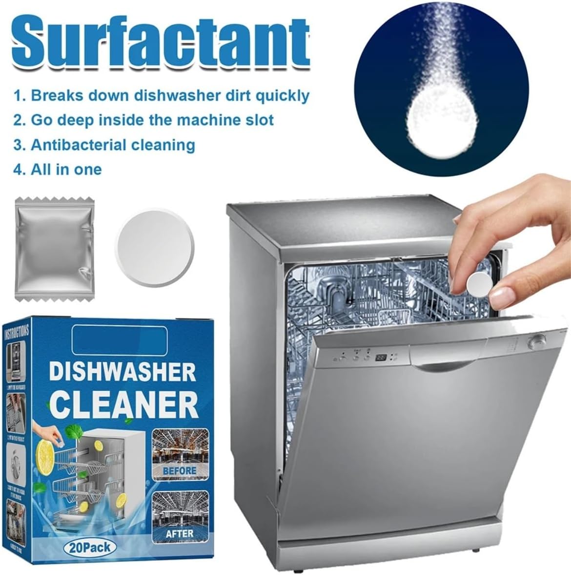 Dishwasher Cleaning Tablets (20 Pcs/Box) Degreasing and Degreasing，Kitchen Cleaning Tools(160pcs 8Boxes)