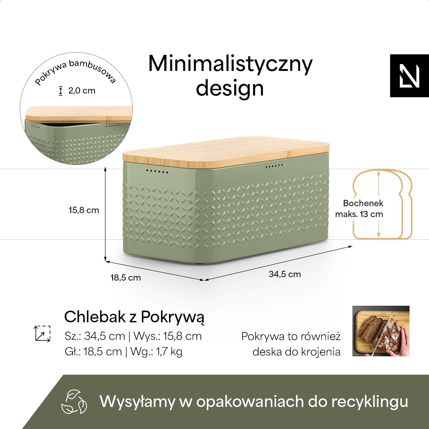 LARS NYSØM Chlebak z antypoślizgowymi nóżkami I Chlebak metalowy dla długotrwałej świeżości I Bambusowa pokrywka jako deska do krojenia I 34,5x18,5x15,8cm (Sage Green)