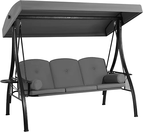 Miniatura 17 de HOMREST Columpio de Porche Exterior de 3 Asientos con Portavasos de 1.5" de Profundidad, Toldo Ajustable, Cama Columpio de Patio con Soporte,