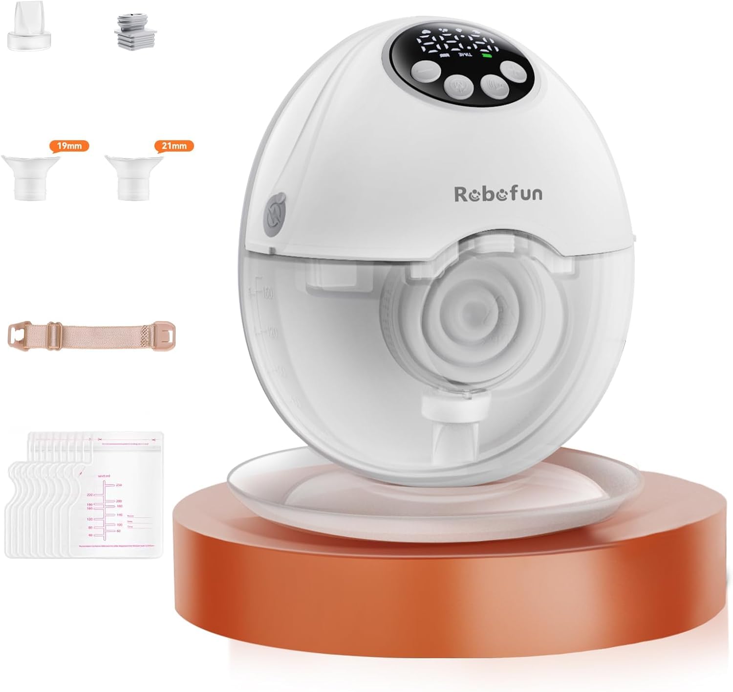 Robofun - Sacaleche eléctrica de mano libre con 4 modos y 12 niveles de succión, con tapa antipolvo, 1 pieza Breast Pump con 19/21/24 mm de brida, Blanco