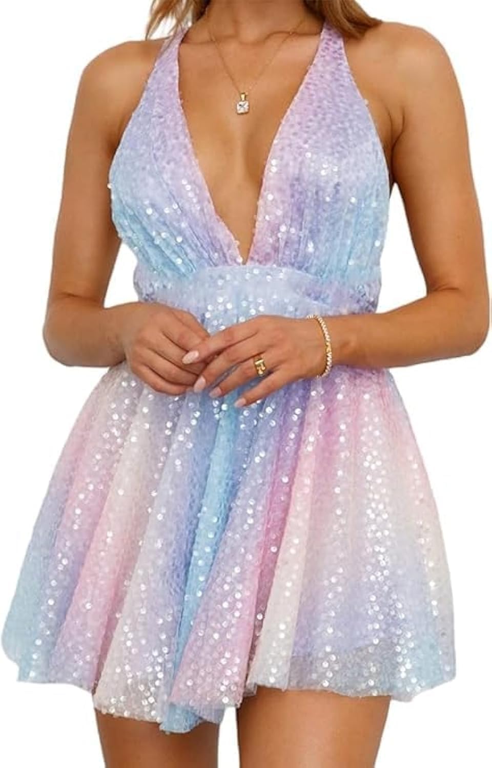 Women Sparkle Sequin Dress Glitter Sleeveless Backless Halter Deep V-Neck Mini Dress Cocktail Party Clubwear