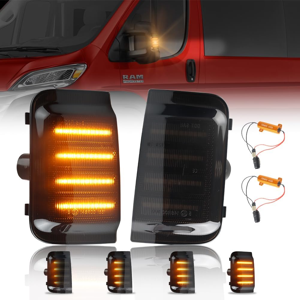LED Sequential Side Mirror Marker Lights for 2014-2023 DODGE RAM PROMASTER 1500 2500 3500, [Visibility & Safety] with RAM Smoked Lens Amber LED Side Mirror Turn Signal Lights, 2 PCS