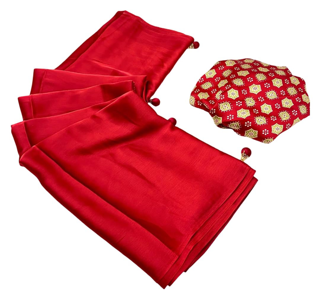 DC ELEMENTS Ajrakh Print Semi Modal Saree for Women Printed Traditional Ethnic Sari with Unstitched Blouse Piece (Red)