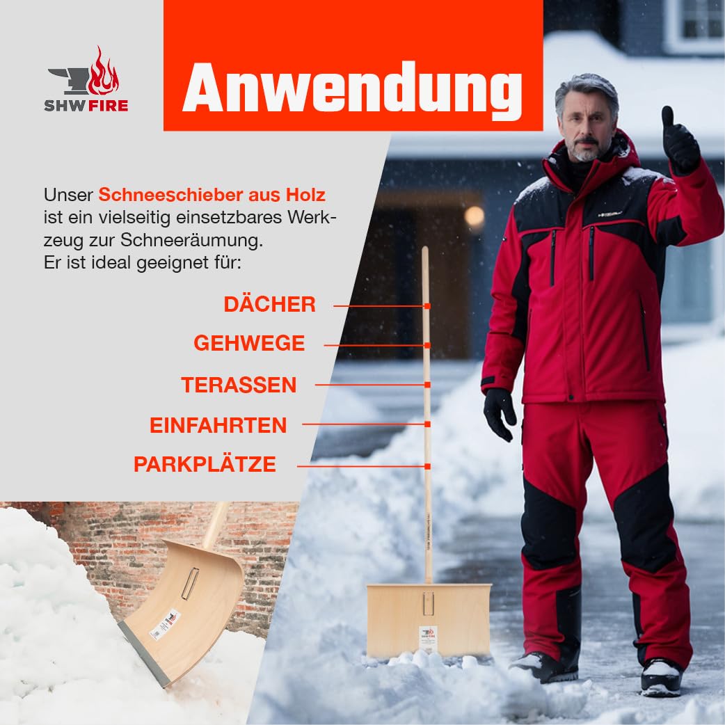 SHW-FIRE | Schneeschieber mit 50cm Schaufel und 150 cm Ovalstiel, Schaufel mit 5-Fach verleimtem Sperrholz mit Aluminium-Schutzkante Premium Schneeschaufel mit Buchenholzstiel | Made in Germany