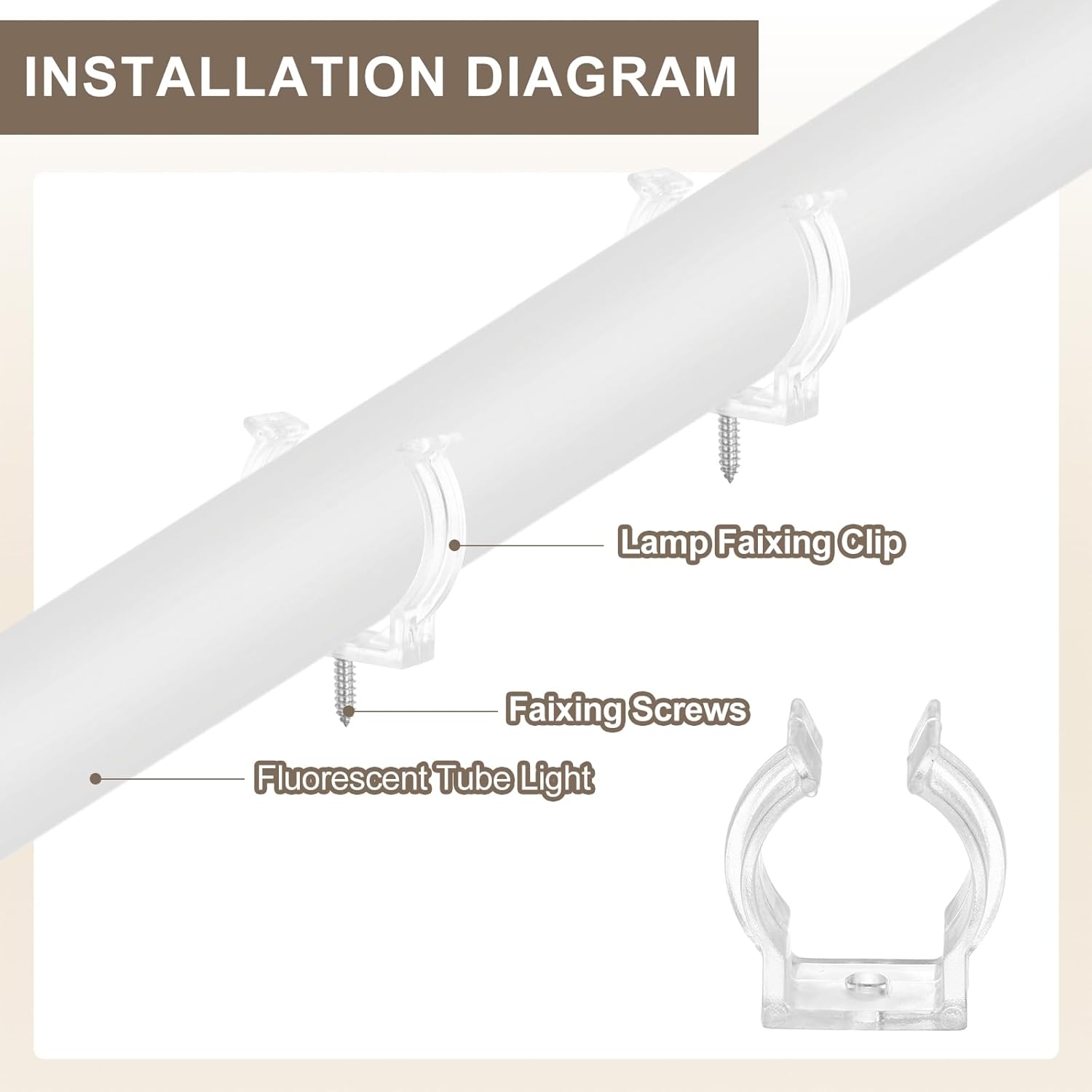 MECCANIXITY T6 U Clips Holder Bracket Fluorescent Tube Light Fixture Plastic Pipe Clamps with Screws for LED Bulbs Ceiling Lamp, Clear, Pack of 18