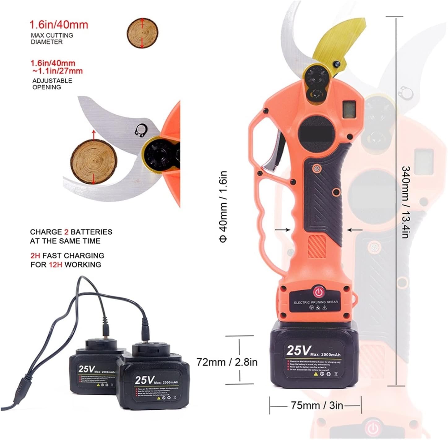 25V 40mm Wireless Electrical Pruning Shears, Effective Shear, Size of Fruit Branches, Bonsai, 12 Hours of Work) ()