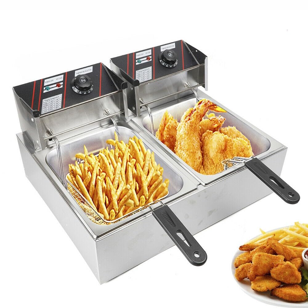 Friggitrice elettrica in acciaio inox, 2 friggitrice elettrica da 5,5 l, profonda, 2 x 2500 W, controllo indipendente per ristoranti rapidi, snack bar
