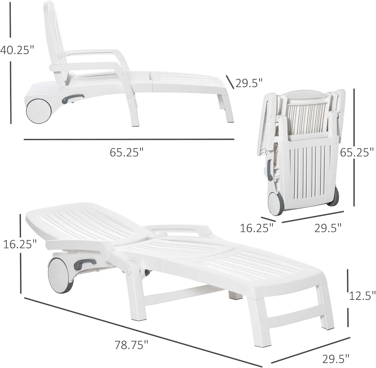 Outsunny Outdoor Chaise Lounge Chair on Wheels with Storage Box, Waterproof Lounger with Quick Assembly, Folding Design, 5 Level Adjustable Backrest for Pool, Beach, Patio, Garden, White