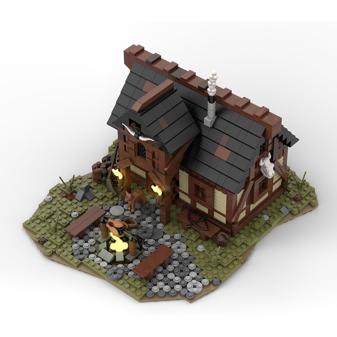 MOC Klemmbausteine Mittelalterliche Höhle Modul eines großen Dorfes Thema Modell, 1404 Teile Mittelalterliches Dorf Gebäude Set, MOC-112418