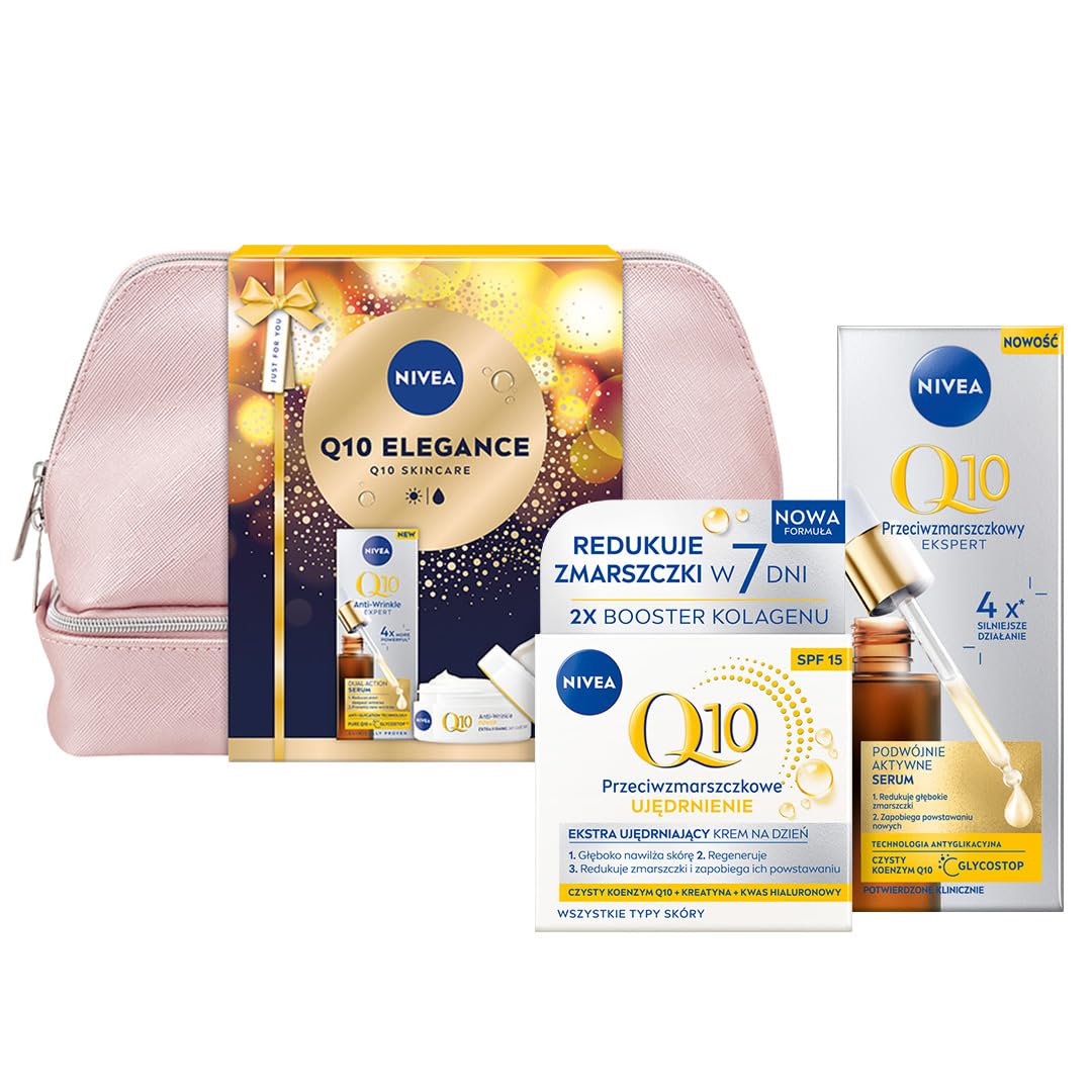 NIVEA Q10 Elegance Świąteczny prezent - Zestaw kosmetyków dla kobiet do twarzy: serum i krem Q10 + kosmetyczka GRATIS