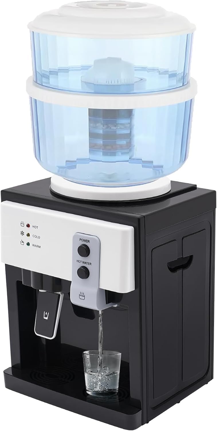 Top Loading Water Dispenser, Countertop Hot and Cold Water Cooler Dispenser for 5 Gallons, with Hot Cold and Room Temperature Water, for Studio, Office, Home
