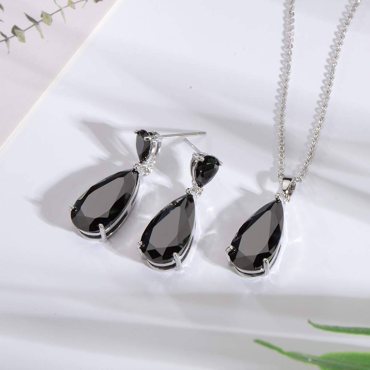Wedding Jewelry Set for Bridesmaids - Sterling Silver Teardrop CZ Crystal Cubic Zirconia Rhinestone Diamond Bridal Necklace Earrings Set for Bride Mother of Bride Party Prom Birthstone Costume Jewelry